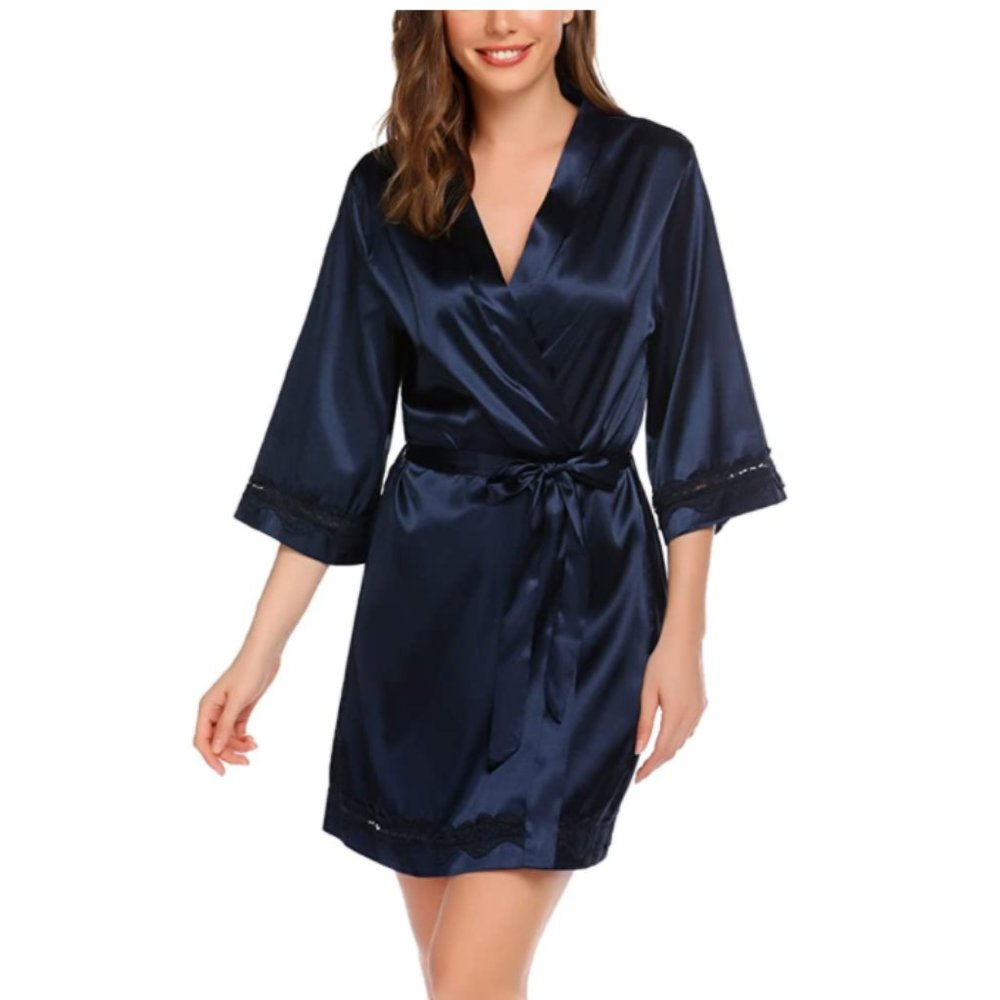 NEW! Sexy Lace Trim Silky Satin Kimono Robe